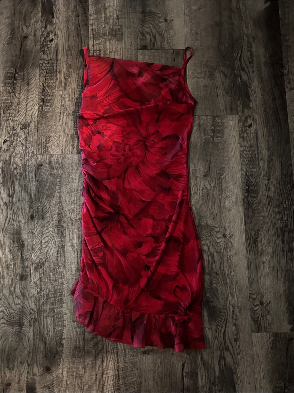 Olivaceous Midi Dress with Ruffle Hem - Red Floral Pattern - Size Medium